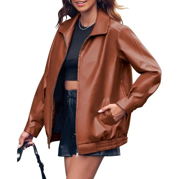 Women's Brown Faux Leather Casual Zip Up Trendy Bomber Motorcycle Jacket